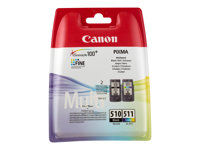 Canon PG-510 / CL-511 Multi pack - 2 pakettia - 9 ml - musta, väri (sinivihreä, sinipunainen, keltainen) - alkuperäinen - mustepatruuna malleihin PIXMA MP230, MP237, MP252, MP258, MP270, MP280, MP282, MP499, MX350, MX360, MX410, MX420 2970B010