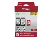 Canon PG-575XL/CL-576XL Photo Paper Value Pack - 2 pakettia - Tuottoisa - musta, väri (sinivihreä, sinipunainen, keltainen) - alkuperäinen - ripustuslaatikko - mustekasetti/paperipaketti malleihin PIXMA TR4750i, TR4751i, TS3550i, TS3551i 5437C006